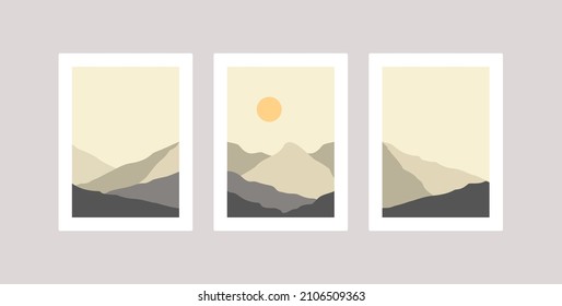 Wall art creative design. Set of minimalist hand painted illustrations of Mid century modern. Natural abstract landscape background. Mountain, forest, sky, and sun illustration.