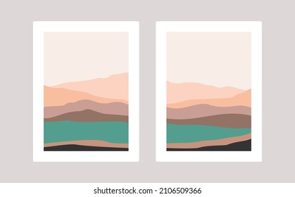 Wall art creative design. Set of minimalist hand painted illustrations of Mid century modern. Natural abstract landscape background. Mountain, forest, sky, and sun illustration.
