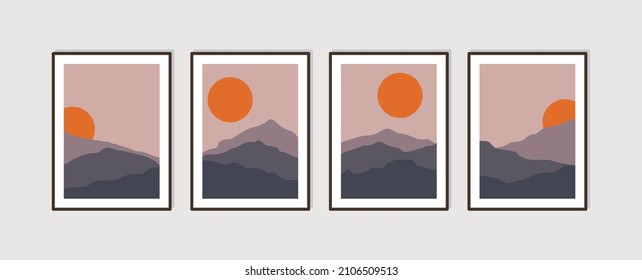 Wall art creative design. Set of minimalist hand painted illustrations of Mid century modern. Natural abstract landscape background. Mountain, forest, sky, and sun illustration.