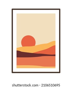 Wall art creative design. Set of minimalist hand painted illustrations of Mid century modern. Natural abstract landscape background. Mountain, forest, sky, and sun illustration.