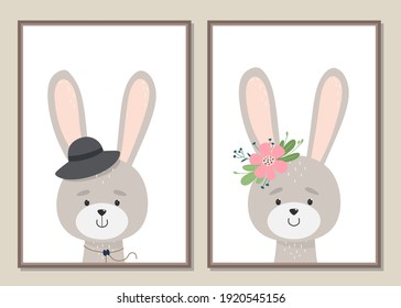 Wall art of cute rabbits hand-drawn. Vector. Great for decorating kids room walls, covers, posters or invitations.