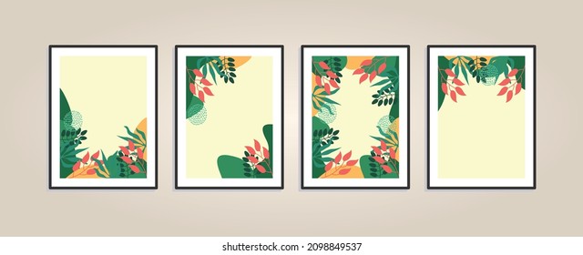 Wall art design. Canvas painting for the rooms. Tropical leaves background. Summer poster element for interior design of office, dinning, and bed room . 