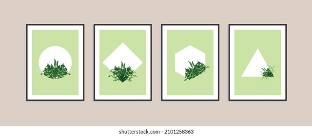 Wall art design. Canvas painting for the rooms. Tropical leaves background. Summer poster element for interior design of office, dinning, and bed room . 