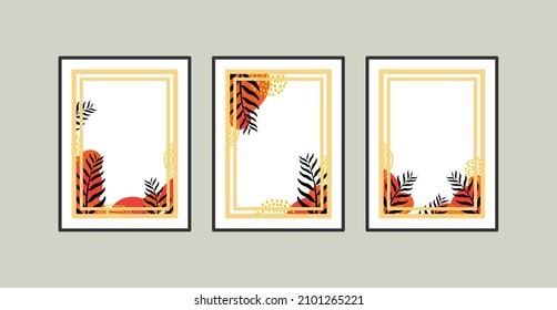 Wall art design. Canvas painting for the rooms. Tropical leaves background. Summer poster element for interior design of office, dinning, and bed room . 