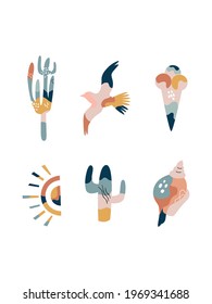 Wall art design, graphic print with boho summer elements. Vector graphic illustration