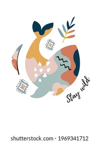 Wall art design, graphic print with boho whale and tropical elements. Vector graphic illustration