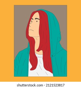 Wall art design. Portrait of woman with hoodie jacket. Cartoon minimalist style. Vector illustration
