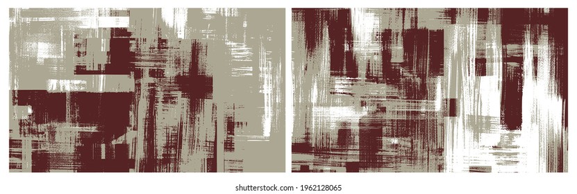 Wall art diptych. Artistic vector texture, irregular strokes on canvas. Oil, acrylic set of two paintings. Abstract grungy backgrounds, light hand drawn monochrome pattern