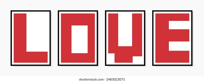 Wall art featuring individual "Love" lettering in red with a minimalist design. Ideal for modern home decor, prints, posters, and digital artwork.