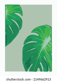 Wall art with green monstera leaf background design vector