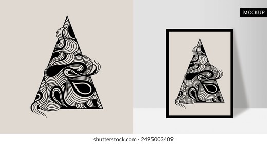 Wall art is hand-painted. Line art is black on a light background. Wavy lines in a triangle. Poster with geometric shape. Vector illustration. Design for print card, cover, wallpaper, home decor.