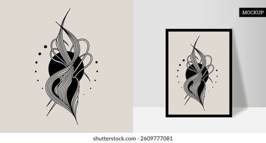 Wall art is hand-painted. Line art is black on a light background. Wavy lines with a circle. Poster with geometric shape. Vector illustration. Design for print card, cover, wallpaper, home decor.