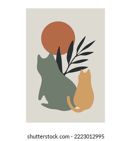 Wandbild von zwei Katzen und ein Blatt in Pastellfarben. Vektorgrafik