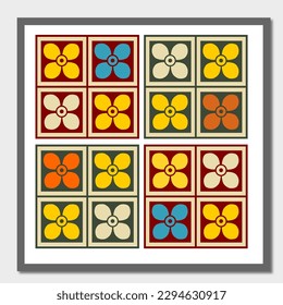 Arte mural inspirado en el patrón medieval de baldosas. Coloridos motivos florales, ilustración vectorial. Un ambiente retro, vintage, de los años 60.
