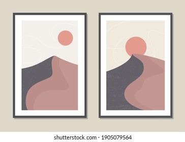 Wall art landscape of desert dunes. Abstract landscape design for covers, posters, prints, wall art in minimalism style. Vector.