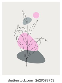 Elementos de diseño minimalistas de arte de pared en colores rosa y gris de estilo boho . Decoración casera, hojas dibujadas a mano.