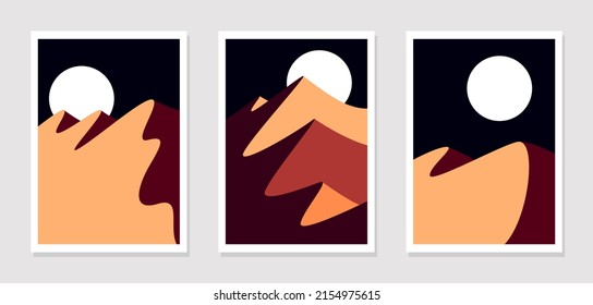 Wall art pattern vector set. Fiery moon in the desert at night. Abstract design for printing paintings, covers and backgrounds, wallpapers. Vector illustration