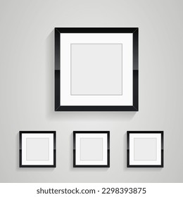wall art of photo frames, four rectangles frame of picture on white wall decorection design vector, groups of three black blank Realistic rectangle blank black picture frames