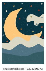Wall Art. Poster. Canvas design. Grungy texture contemporary style crescent moon and sky. Ready for printing and for home interior decoration