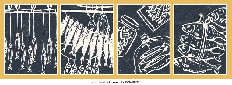 Wall art, poster, cover design. Hanging fish, dried, smoked, salted fish. Food market concept. Grunge retro vintage style.