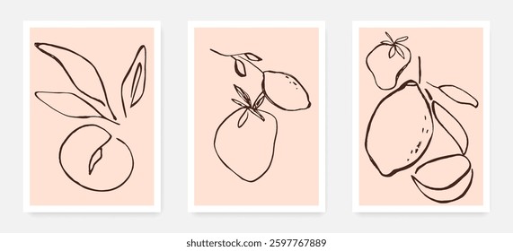Wall Art Poster Set with Hand Drawn Fruits Vector Illustration. Abstract Fruits Banner Design. Hand Drawn Textured Prints Collection for Trendy Modern Design. Not AI