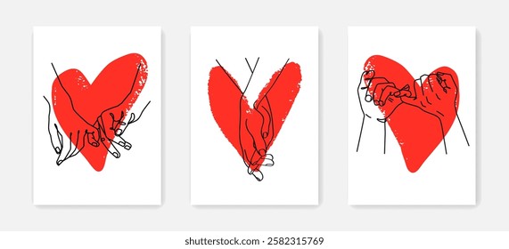 Wall Art Poster Set with Heart and Hands. Vector Minimalist Trendy Contemporary Design for Wall Art, Prints, Social Media, Posters, Invitations, Branding. Grunge Textured Art for Valentine`s Day