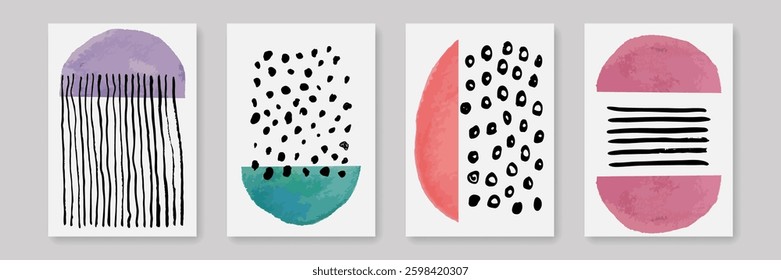 Wall Art Poster Set with Textures Hand Drawn Style Vector Illustration. Abstract Geometric Banner Design. Hand Drawn Textured Prints Collection for Trendy Modern Design. Not AI