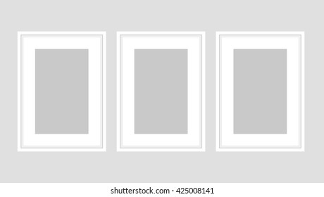 Wall art poster set of three white A4 frames. Template vector mock up for room interior or exhibition banner.