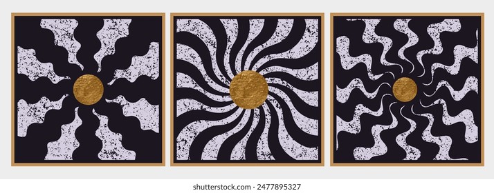 Wall art, posters, backgrounds design. Sun, sunburst. Golden circle with wavy rays. Retro triptych in black, white and gold.