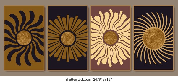 Wandkunst, Poster, Hintergründe Design. Sonne, Sonnenbruch. Goldener Kreis mit welligen Strahlen. Retro-Triptychon in Braun, Beige, Gelb und Gold.