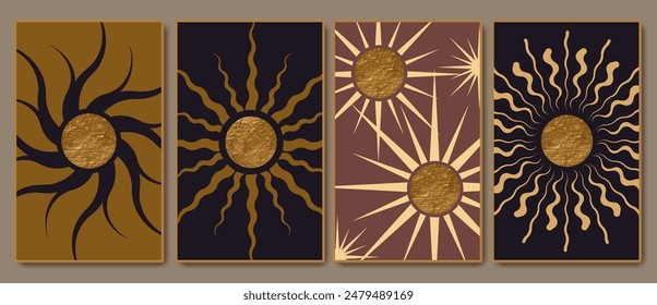 Wandkunst, Poster, Hintergründe Design. Sonne, Sonnenbruch. Goldener Kreis mit welligen Strahlen. Retro-Triptychon in Braun, Beige, Gelb und Gold.