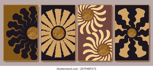 Wall art, posters, backgrounds design. Sun, sunburst. Golden circle with wavy rays. Retro triptych in brown, beige, yellow and gold.