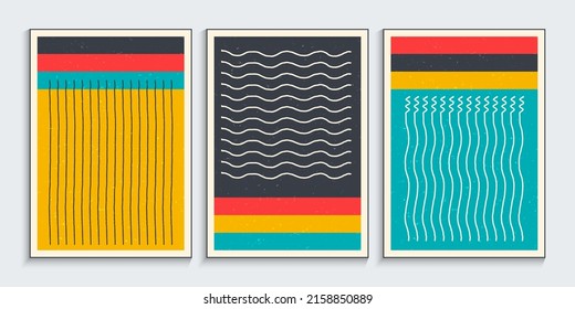 Wall art posters with primitive wavy lines in vintage colors