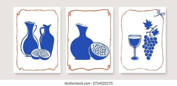 Wall Art Posters Set for Kitchen, Cafe, Food Design in Hand Drawn Sketch Doodles Style. Wall Art Print Collection of Food Drawings in Sketch Trendy Style. Vector Illustration. Not AI
