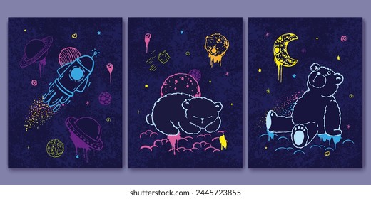  Wall art posters with space objects and bears. Cute doodle style. Bright colorful design.
