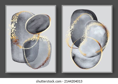 Wall art poters. Grey watercolor corcles, ovals. Golden line, splatters, dots. Balanced composition with natural geometric forms.