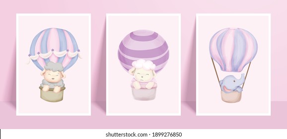 Wall Art Print Cute Animal Poster Elephant Sheep Air Balloon