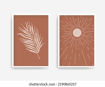 Wall art print vector set with palm leave and sun. Wall decor in boho style. Abstract Mid Century Modern art set design for prints, social media stories, posters. Minimal vector design terracotta