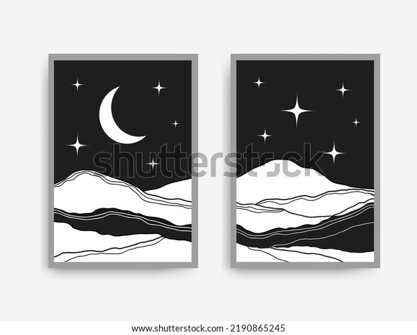 Wall art print vector set with night landscape in boho style. Wall decor set in Mid Century Modern style with moon and stars for prints, wallpaper, posters. Minimal vector design for bedroom, nursery