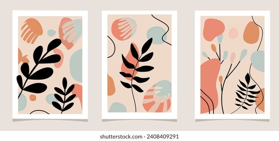 Wall art set of 3 abstract gallery. Scandinavian, minimalism, boho style,. Design of premises, rooms, offices, halls, corridors, bedrooms Contemporary art Vector illustration