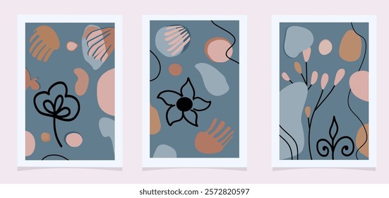 Wall art set of 3 abstract gallery. Scandinavian, minimalism, boho style,. Design of premises, rooms, offices, halls, corridors, bedrooms Contemporary art Vector illustration