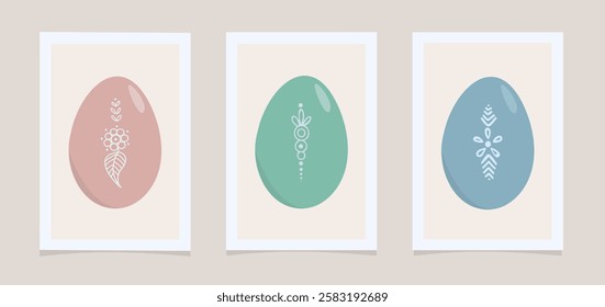 Wall art set of 3 abstract Easter eggs. Scandinavian, minimalism, boho style. Design of premises, rooms, offices, halls, corridors, kitchen. Contemporary art Vector illustration