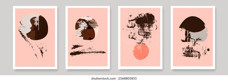 Wall Art Set of 4 Posters with Grunge Textures. Abstract Poster Design for Wall Décor, Cards, Prints, Banners. Set of Vector Template with Shapes and Hand Drawn Textures