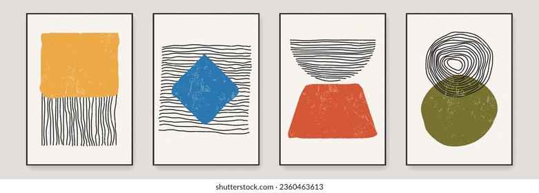 Wall Art Set of Abstract Geometric Posters. Abstract Poster Design for Wall Décor, Cards, Prints, Banners. Set of Vector Templates with Simple Geometric Elements and Outline Textures.