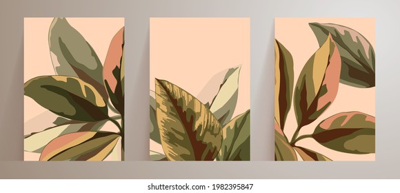 Wall art set with abstract natural, botanical posters. Large leaves green and pink. Minimal floral pattern. Plant Art design for print, cover, wallpaper of cosmetic product, beauty salon and spa.