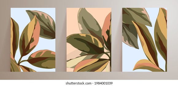 Wall art set with abstract natural, botanical posters. Large leaves green and pink. Minimal floral pattern. Plant Art design for print, cover, wallpaper of cosmetic product, beauty salon and spa.