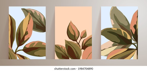 Wall art set with abstract natural, botanical posters. Large leaves green and pink. Minimal floral pattern. Plant Art design for print, cover, wallpaper of cosmetic product, beauty salon and spa.