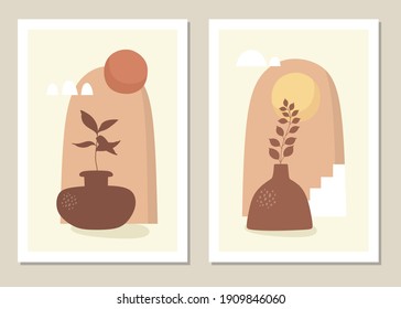 Wall art set. Bohemia. Floral pattern and foliage line with abstract shape. Abstract plant design for print, cover, wallpaper, minimalist and natural wall art. Vector.