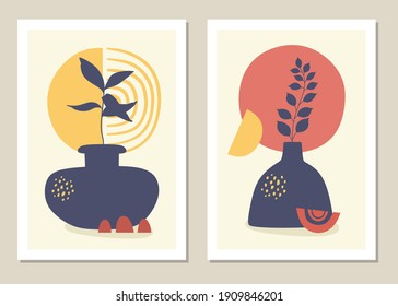 Wall art set. Bohemia. Floral pattern and foliage line with abstract shape. Abstract plant design for print, cover, wallpaper, minimalist and natural wall art. Vector.