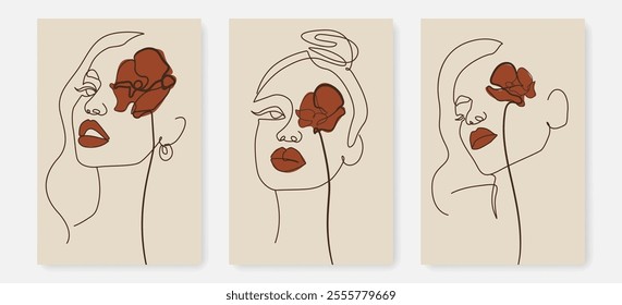 Wall Art Set of Hand Drawn Woman Portrait with Flower in Line Art Style. Single Continuous Line Female Head with Flower. Glamour Art Floral Elements for Wall Décor, Poster, T-shirt Print, Logo. Not AI